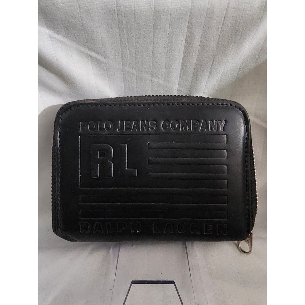 Polo Jeans Co Ralph Lauren Black Leather Zip Around Wallet RL Flag Logo Vintage